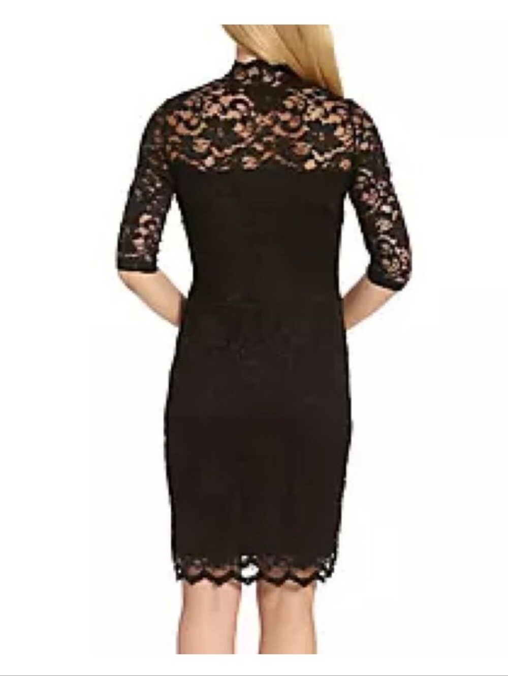 Karen Kane Little Black Dress L Scalloped Lace Illusion Bodycon Goth V-Neck LBD - Picture 2 of 10